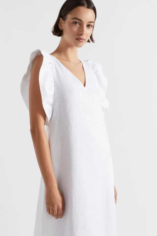 Dresses Woman Seed Heritage Linen Frill Sleeve Column Dress Whisper White