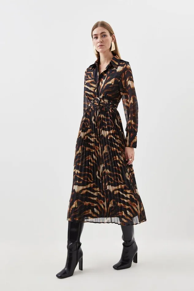 Dresses Women Karen Millen Animal Georgette Pleated Woven Belted Midi Dress Animal Dresses Women Karen Millen Animal Georgette Pleated Woven Belted Midi Dress Animal