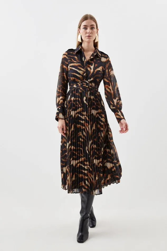 Dresses Women Karen Millen Animal Georgette Pleated Woven Belted Midi Dress Animal