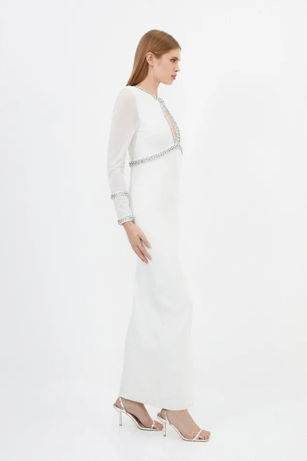 Dresses Women Karen Millen Bandage Figure Form Knit Keyhole Embellished Maxi Dress Cream