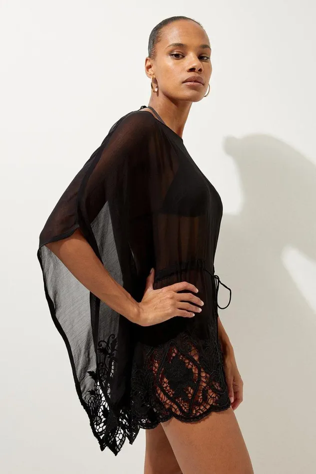 Dresses Women Karen Millen Beach Viscose Georgette Premium Embroidery Tunic Black