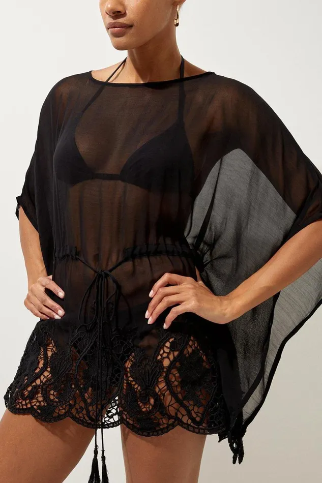 Dresses Women Karen Millen Beach Viscose Georgette Premium Embroidery Tunic Black