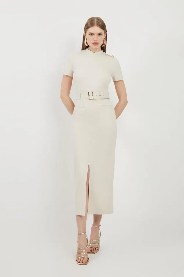 Dresses Women Karen Millen Belted Detail Ponte Jersey Short Sleeve Midi Dress Cream