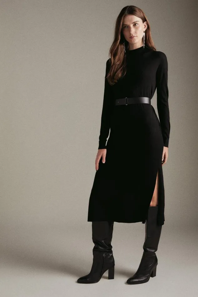 Dresses Women Karen Millen Cashmere Blend Funnel Neck Belted Knit Midi Dress Black Dresses Women Karen Millen Cashmere Blend Funnel Neck Belted Knit Midi Dress Black