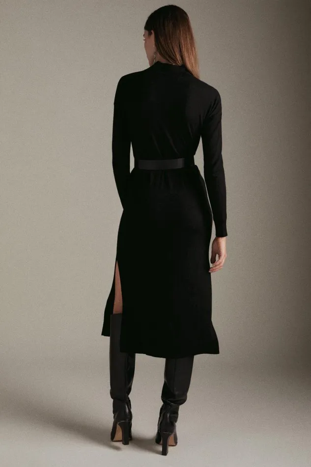 Dresses Women Karen Millen Cashmere Blend Funnel Neck Belted Knit Midi Dress Black