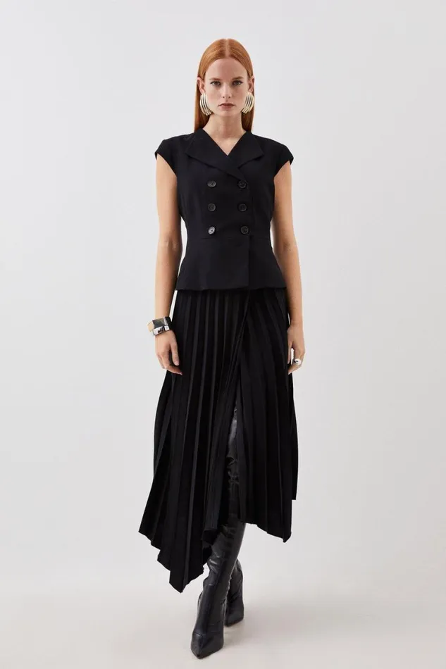 Dresses Women Karen Millen Clean Tailored Cap Sleeve Belted Asymmetric Pleated Midi Dress Black Dresses Women Karen Millen Clean Tailored Cap Sleeve Belted Asymmetric Pleated Midi Dress Black