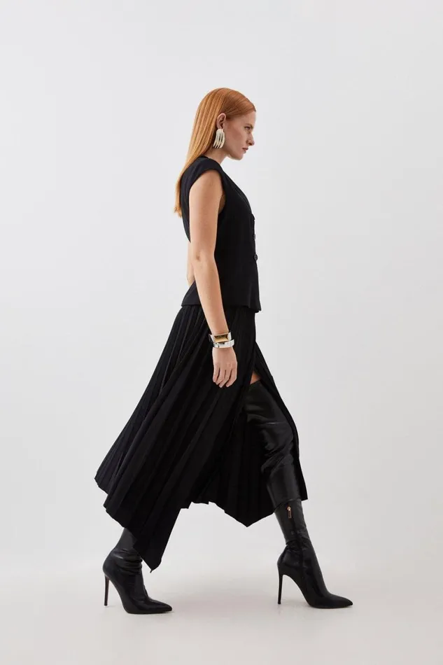 Dresses Women Karen Millen Clean Tailored Cap Sleeve Belted Asymmetric Pleated Midi Dress Black