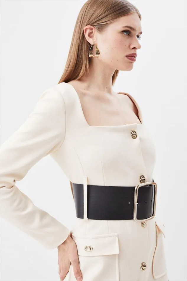 Dresses Women Karen Millen Compact Stretch Belted Trim Detail Sleeved Mini Dress Cream