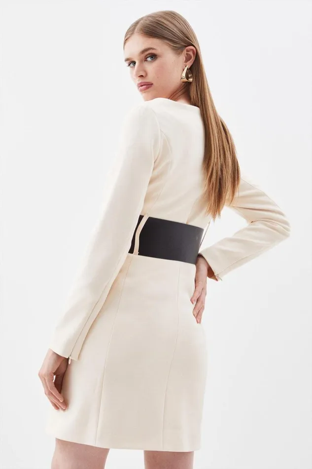 Dresses Women Karen Millen Compact Stretch Belted Trim Detail Sleeved Mini Dress Cream