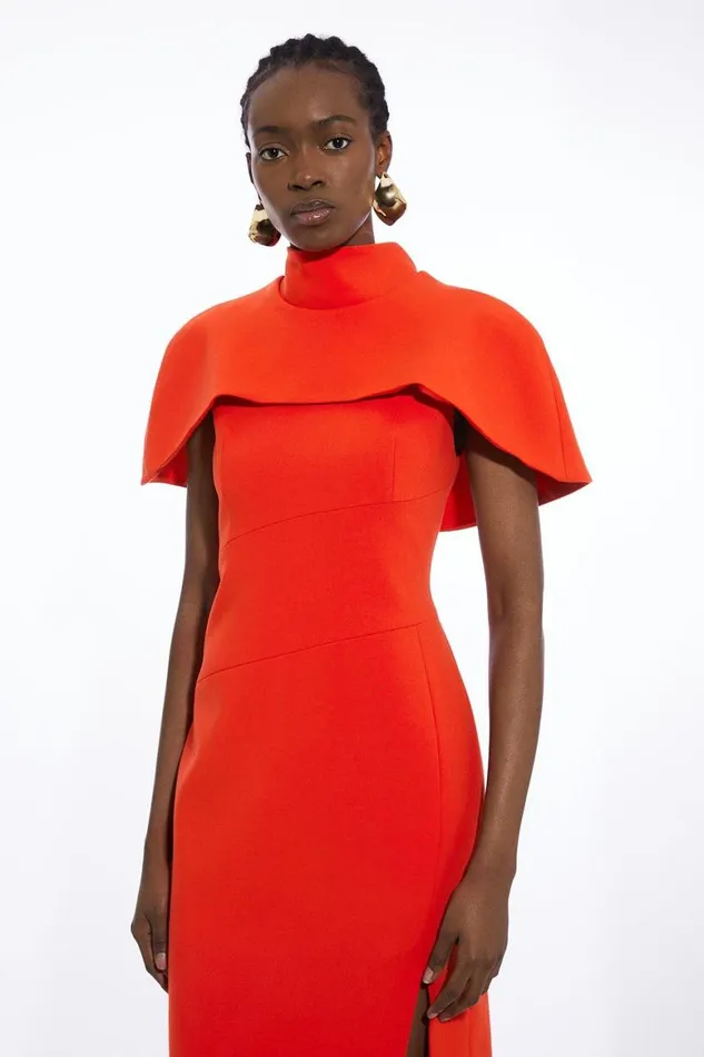 Dresses Women Karen Millen Compact Stretch Caped Cap Sleeved Neck Tie Tailored Midi Dress Red