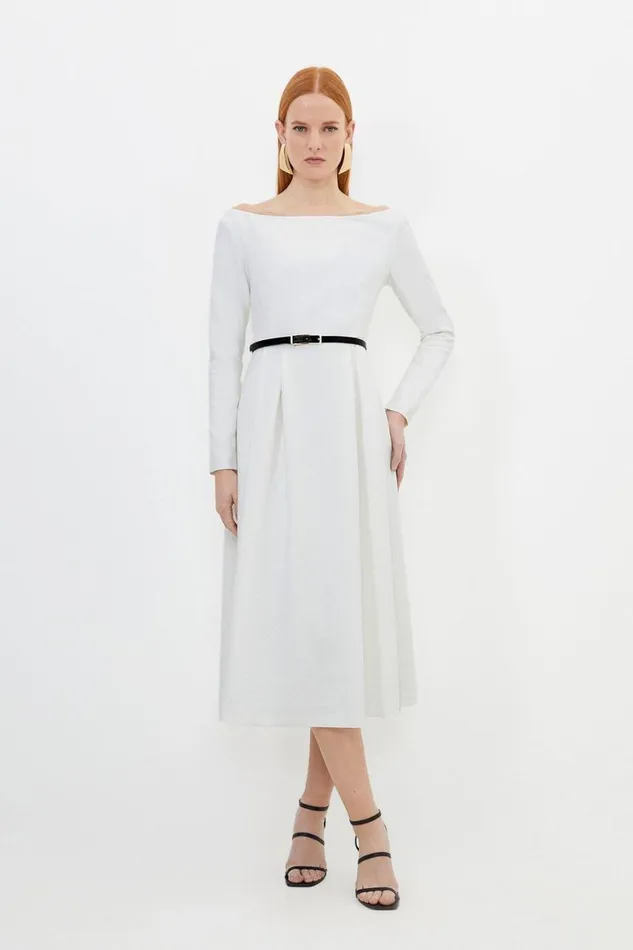 Dresses Women Karen Millen Compact Stretch Off Shoulder Full Skirt Tailored Midi Dress Ivory Dresses Women Karen Millen Compact Stretch Off Shoulder Full Skirt Tailored Midi Dress Ivory