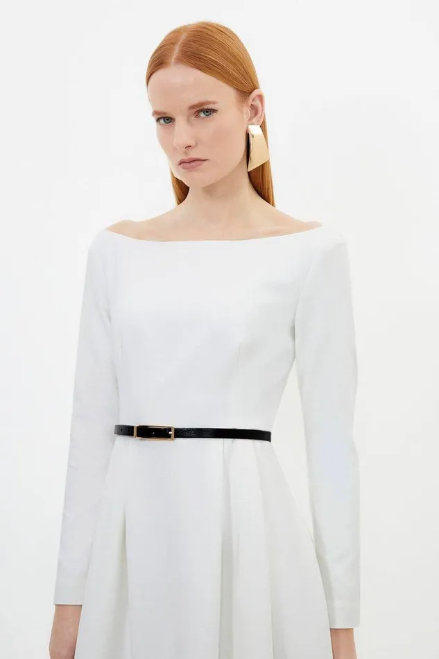 Dresses Women Karen Millen Compact Stretch Off Shoulder Full Skirt Tailored Midi Dress Ivory