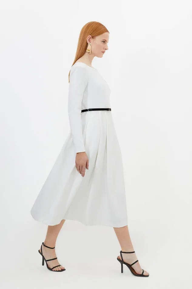 Dresses Women Karen Millen Compact Stretch Off Shoulder Full Skirt Tailored Midi Dress Ivory
