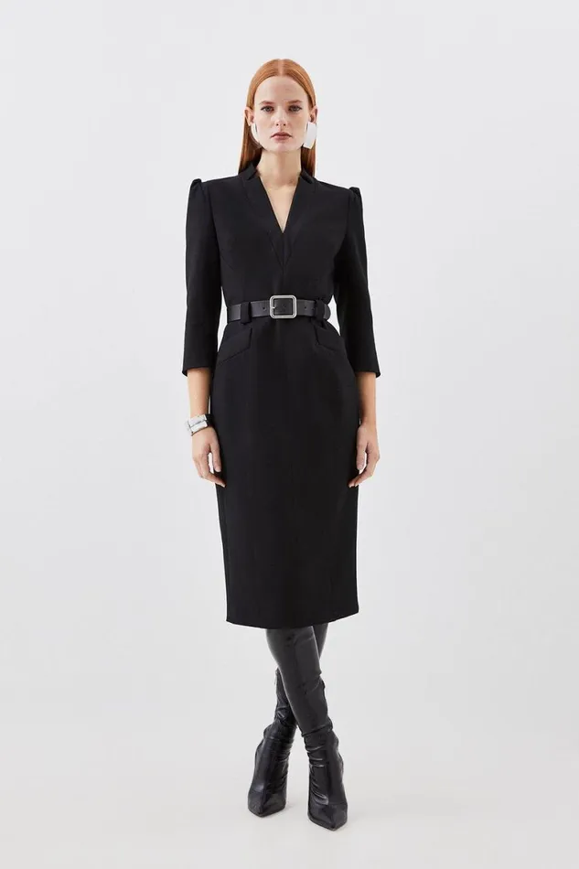 Dresses Women Karen Millen Compact Stretch Tailored Forever Belted Midi Dress Black Dresses Women Karen Millen Compact Stretch Tailored Forever Belted Midi Dress Black