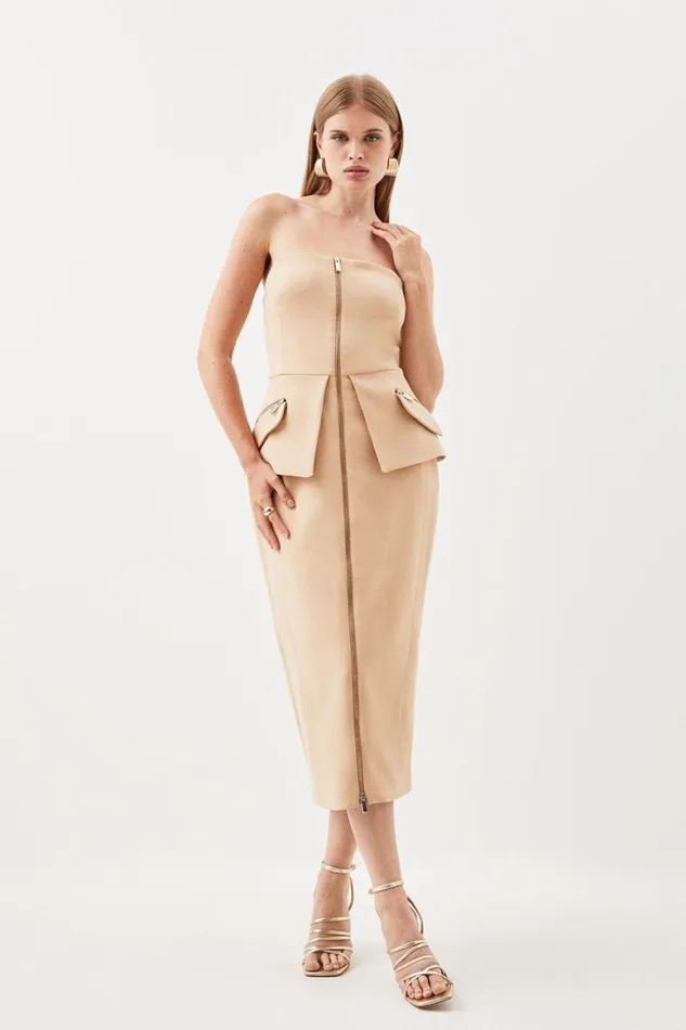 Dresses Women Karen Millen Compact Stretch Zip Pocket Detail Tailored Midi Dress Camel