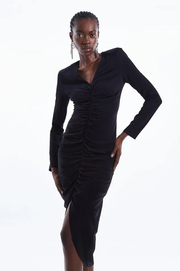 Dresses Women Karen Millen Compact Viscose Ruched Front Midi Dress Black