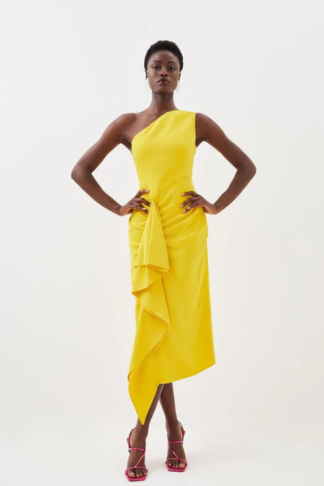 Dresses Women Karen Millen Compact Viscose Tailored One Shoulder Drape Front Pencil Dress Yellow Dresses Women Karen Millen Compact Viscose Tailored One Shoulder Drape Front Pencil Dress Yellow