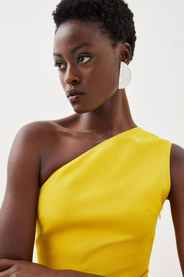 Dresses Women Karen Millen Compact Viscose Tailored One Shoulder Drape Front Pencil Dress Yellow