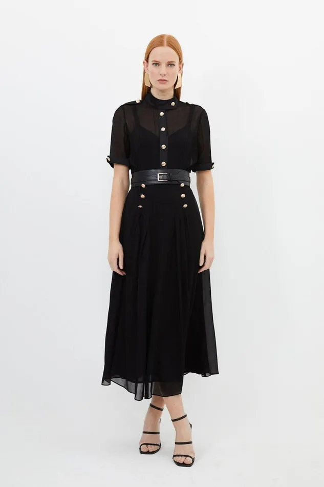 Dresses Women Karen Millen Contrast Satin Viscose Georgette Woven Belted Midi Dress Black