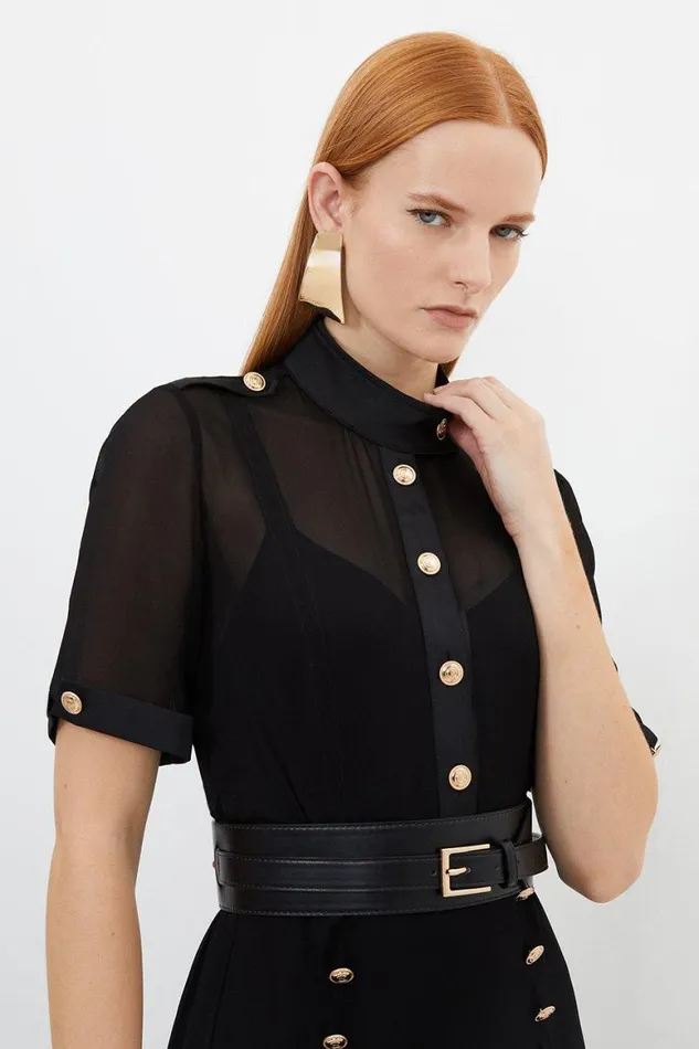 Dresses Women Karen Millen Contrast Satin Viscose Georgette Woven Belted Midi Dress Black