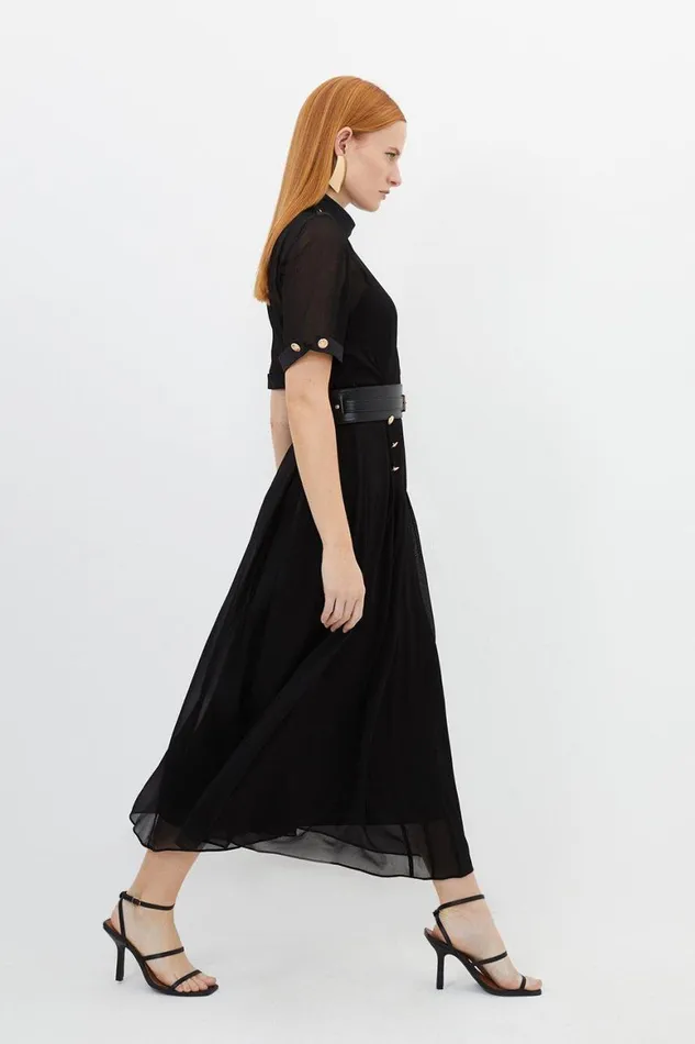 Dresses Women Karen Millen Contrast Satin Viscose Georgette Woven Belted Midi Dress Black