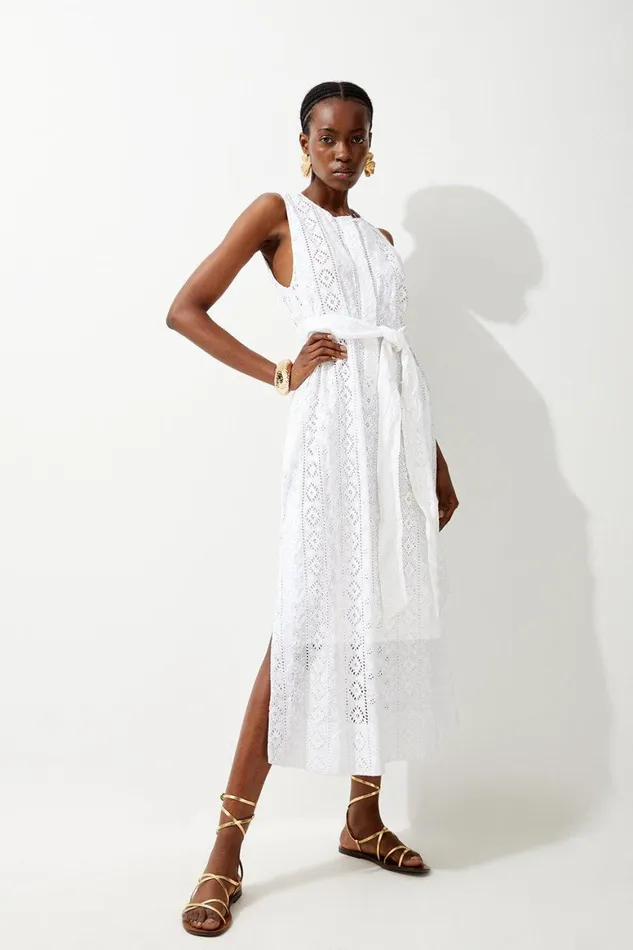 Dresses Women Karen Millen Cotton Broderie Belted Sleeveless Woven Midaxi Dress White Dresses Women Karen Millen Cotton Broderie Belted Sleeveless Woven Midaxi Dress White