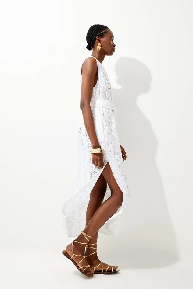 Dresses Women Karen Millen Cotton Broderie Belted Sleeveless Woven Midaxi Dress White