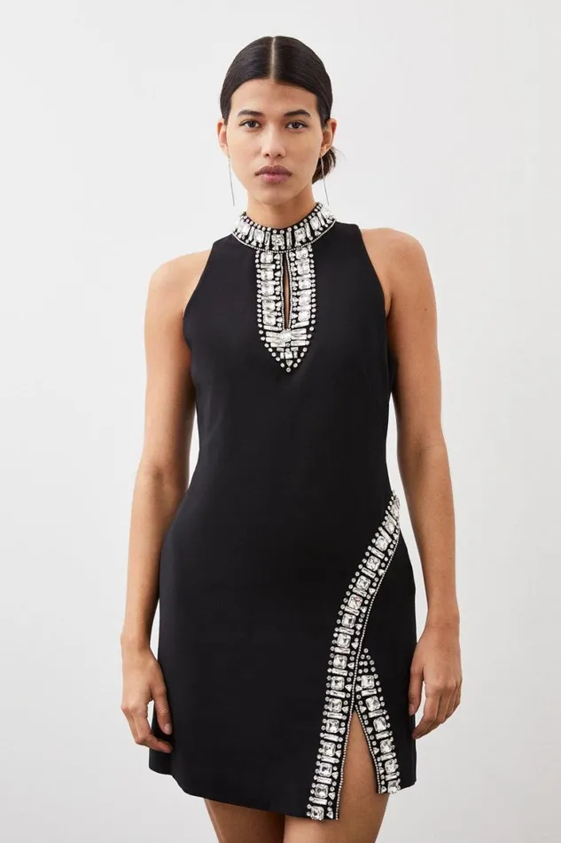 Dresses Women Karen Millen Crystal Embellished Woven Mini Dress Black