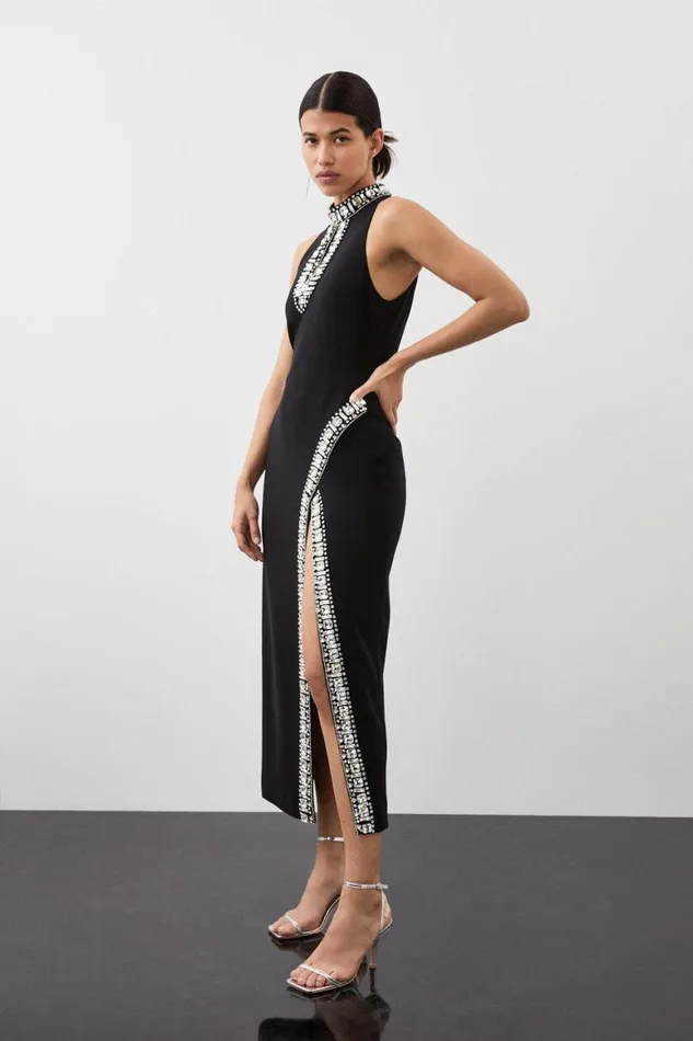 Dresses Women Karen Millen Crystal Embellished Woven Thigh Split Midi Dress Black Dresses Women Karen Millen Crystal Embellished Woven Thigh Split Midi Dress Black