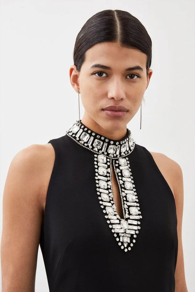 Dresses Women Karen Millen Crystal Embellished Woven Thigh Split Midi Dress Black