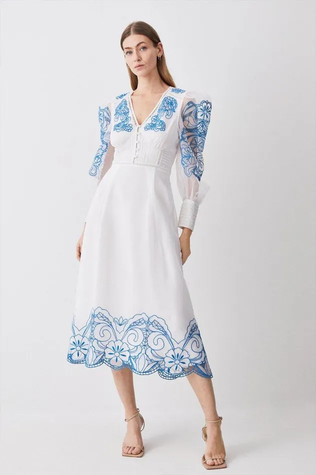 Dresses Women Karen Millen Cutwork Organdie Buttoned Woven Midi Dress White