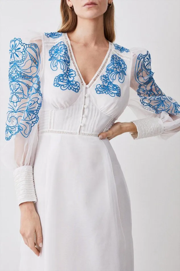 Dresses Women Karen Millen Cutwork Organdie Buttoned Woven Midi Dress White