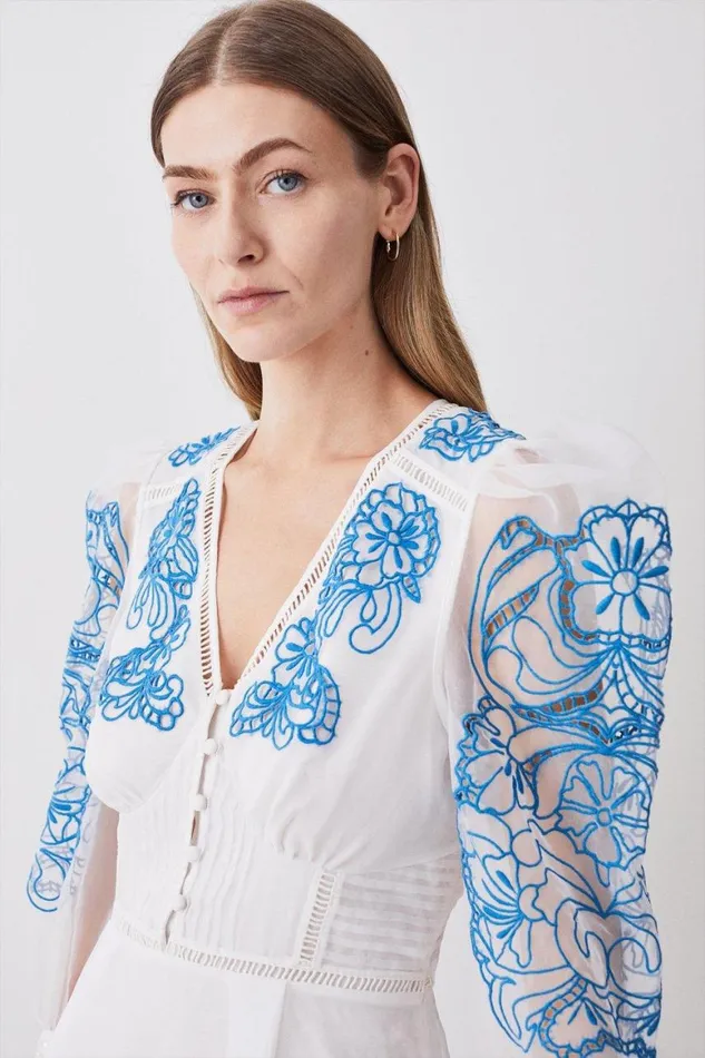 Dresses Women Karen Millen Cutwork Organdie Buttoned Woven Midi Dress White