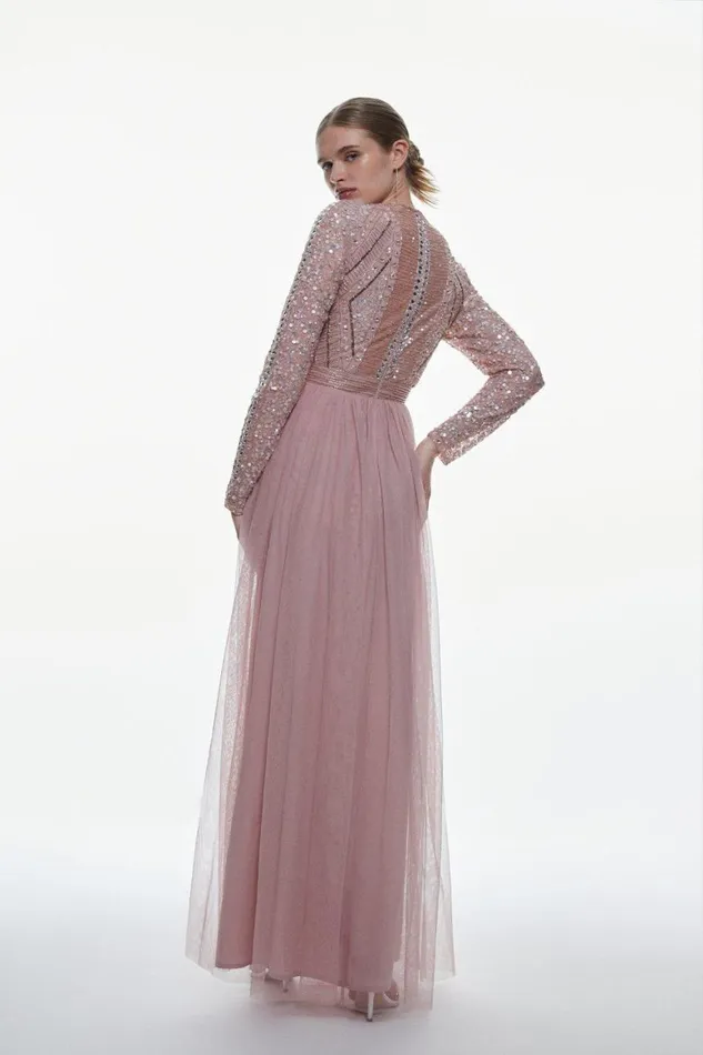 Dresses Women Karen Millen Embellished Bodice Tulle Skirt Woven Maxi Dress Mink