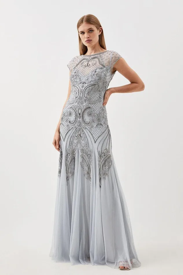 Dresses Women Karen Millen Embellished Bustier Woven Maxi Dress Blue