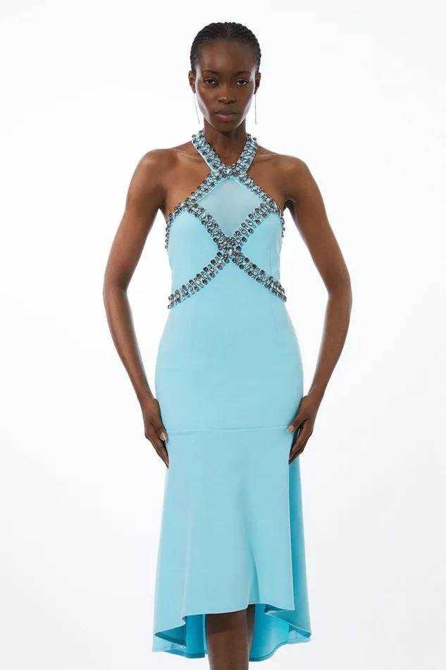 Dresses Women Karen Millen Embellished High Low Figure Form Dress Pale Blue