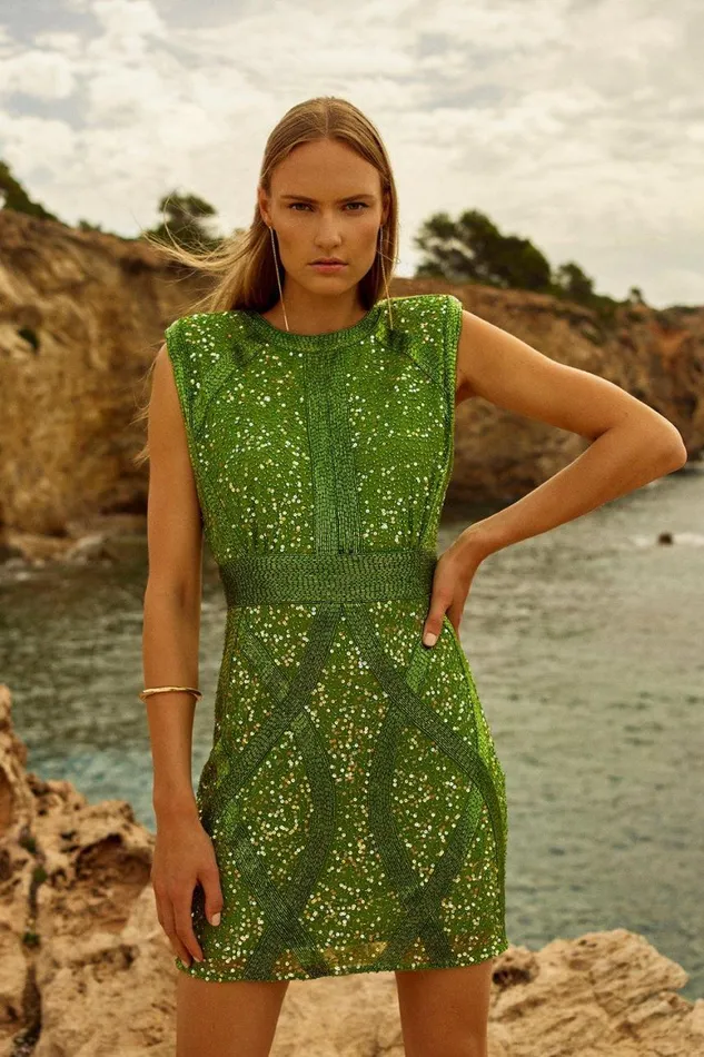 Dresses Women Karen Millen Embellished Strong Shoulder Woven Mini Dress Green