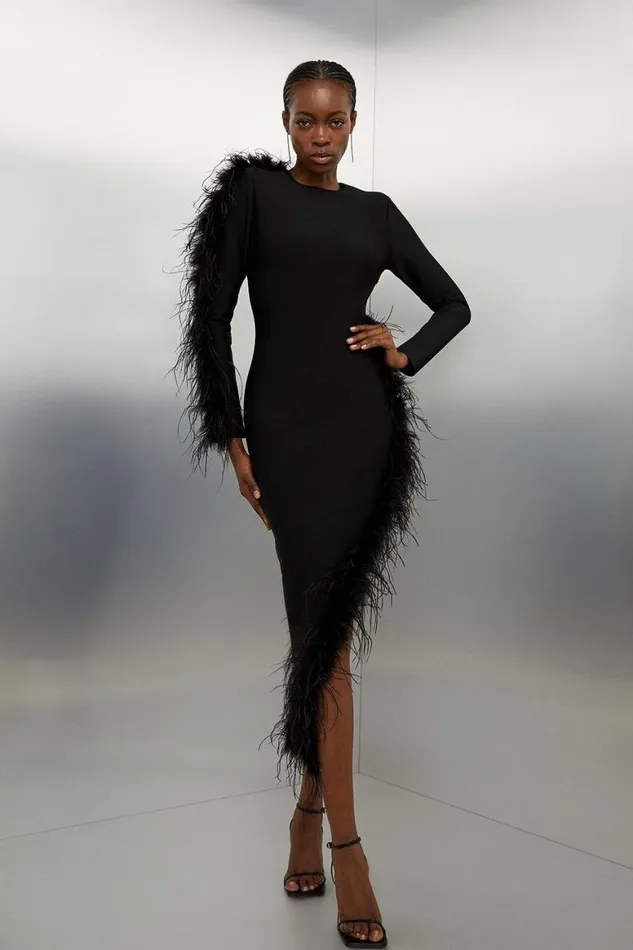 Dresses Women Karen Millen Figure Form Bandage Knit Split Feather Hem Maxi Dress Black