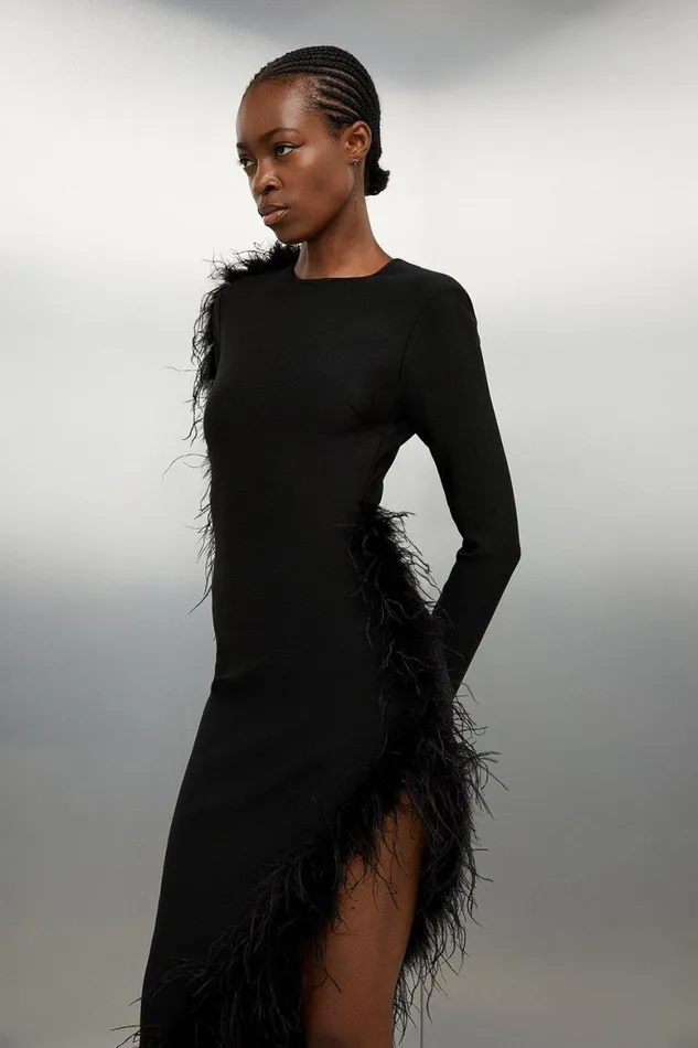 Dresses Women Karen Millen Figure Form Bandage Knit Split Feather Hem Maxi Dress Black