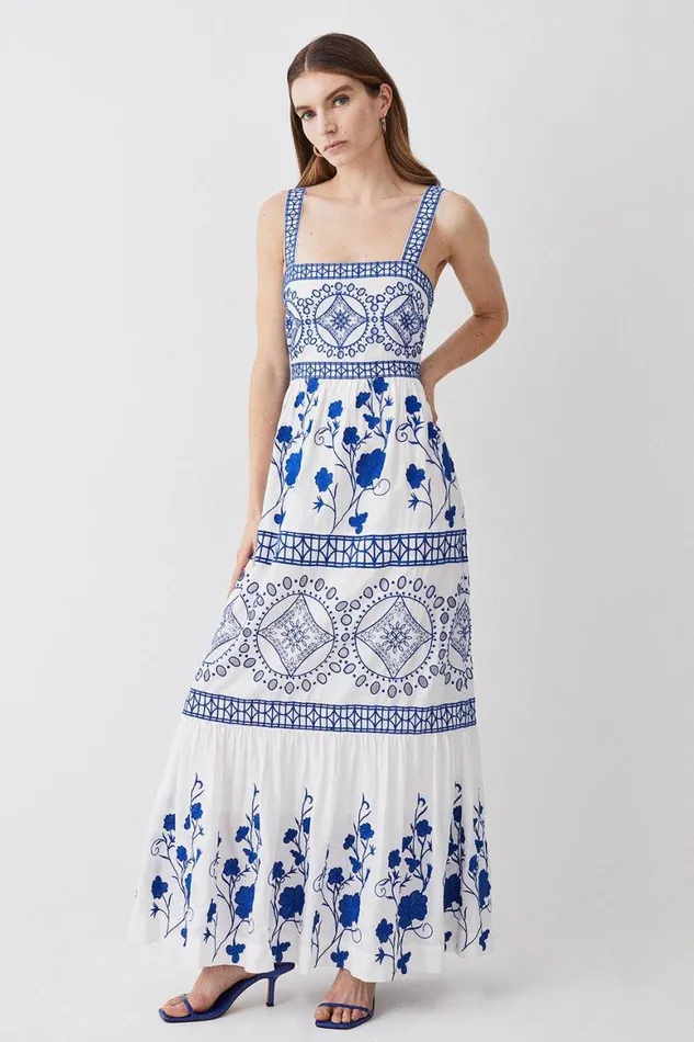 Dresses Women Karen Millen Floral and Geo Embroidered Woven Midaxi Blue