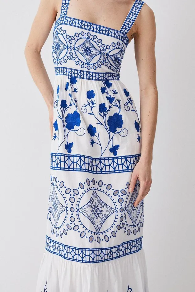 Dresses Women Karen Millen Floral and Geo Embroidered Woven Midaxi Blue