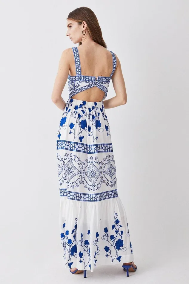 Dresses Women Karen Millen Floral and Geo Embroidered Woven Midaxi Blue