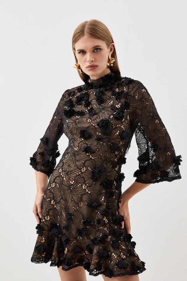 Dresses Women Karen Millen Floral Applique On Lace Woven Mini Black