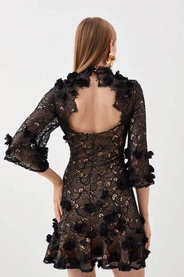 Dresses Women Karen Millen Floral Applique On Lace Woven Mini Black