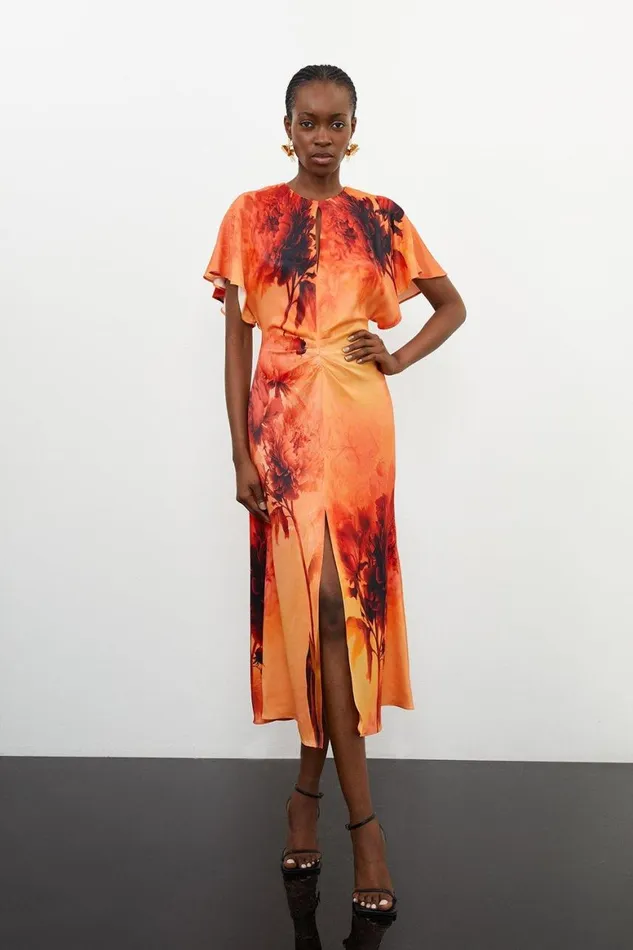 Dresses Women Karen Millen Floral Print Satin Crepe Woven Angel Sleeve Midi Dress Burnt Orange Dresses Women Karen Millen Floral Print Satin Crepe Woven Angel Sleeve Midi Dress Burnt Orange