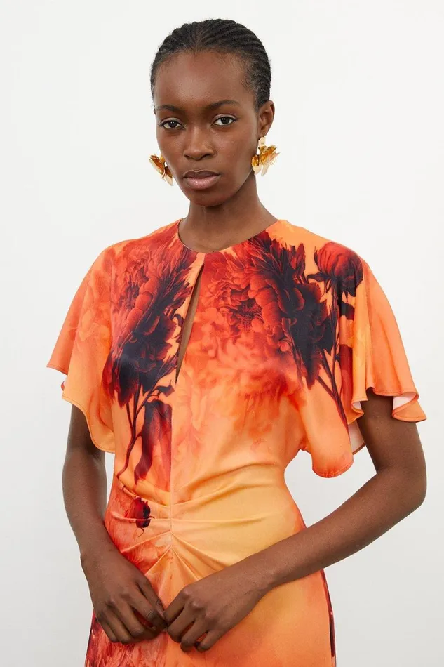 Dresses Women Karen Millen Floral Print Satin Crepe Woven Angel Sleeve Midi Dress Burnt Orange