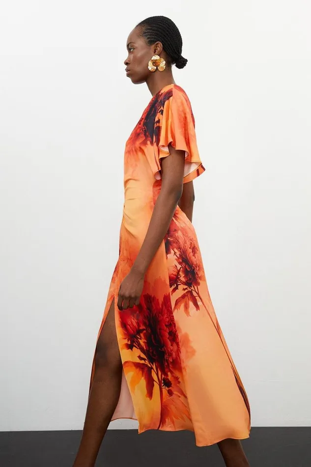 Dresses Women Karen Millen Floral Print Satin Crepe Woven Angel Sleeve Midi Dress Burnt Orange
