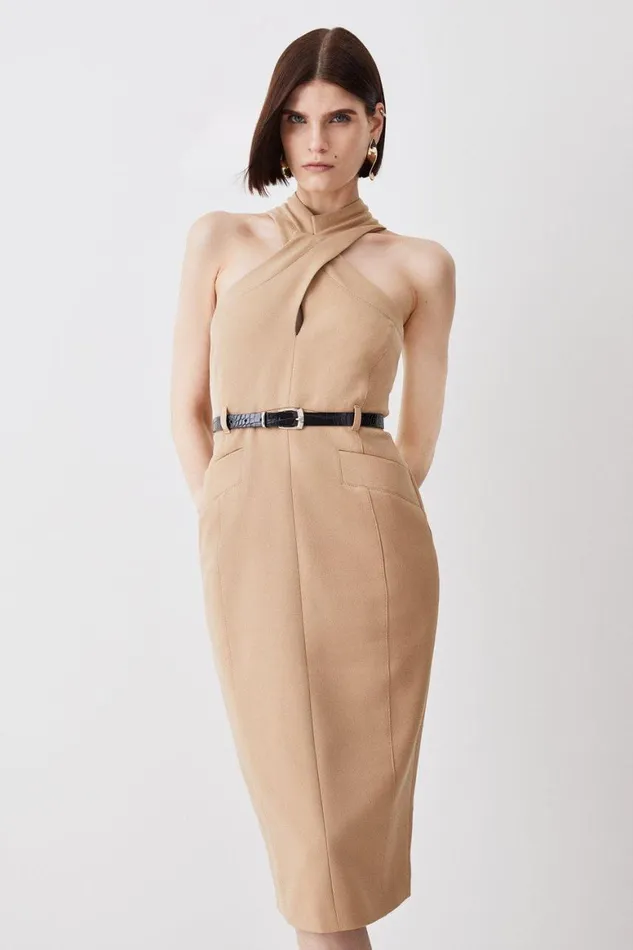 Dresses Women Karen Millen Forever Tailored Halter Neck Belted Midi Dress Camel
