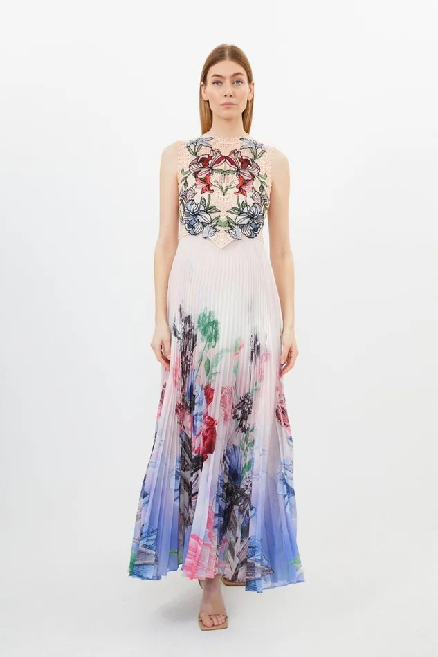 Dresses Women Karen Millen Guipure Lace Pleat Border Print Woven Maxi Dress Ivory