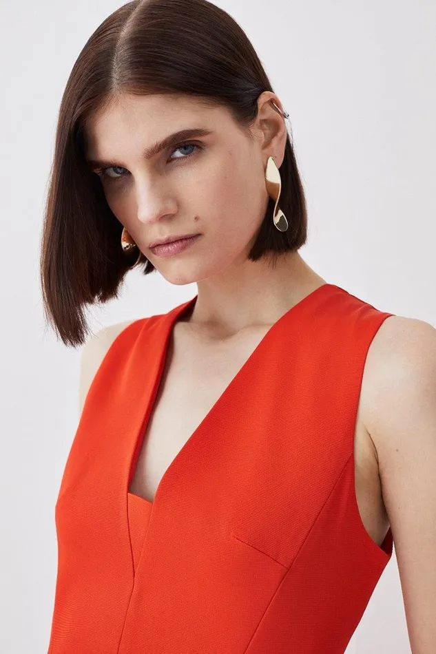 Dresses Women Karen Millen Italian Structured Rib and Satin Contrast Panel Midi Dress Red